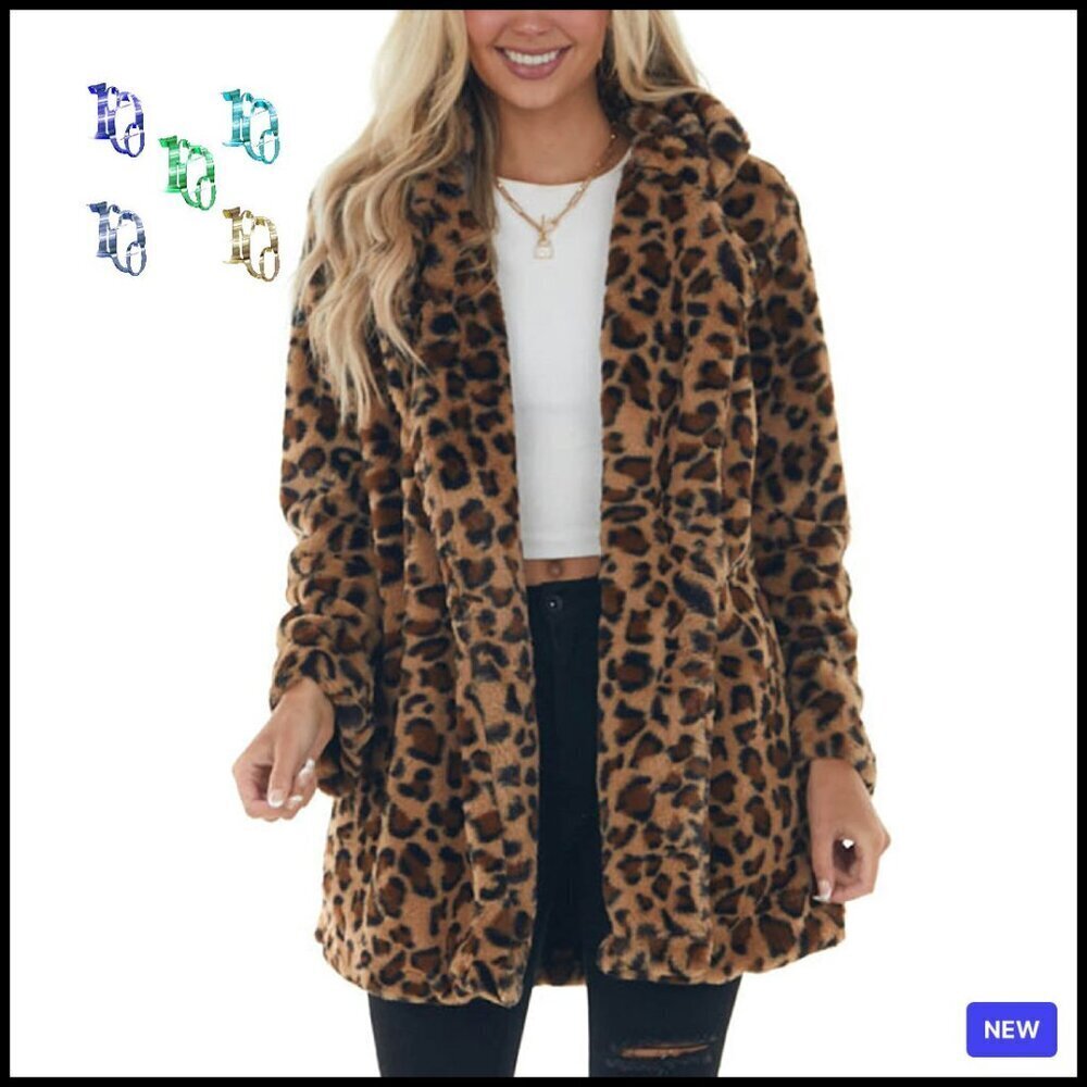 Faux Fur Jacket Leopard Print Oversized Chic Winter Coat with Pockets